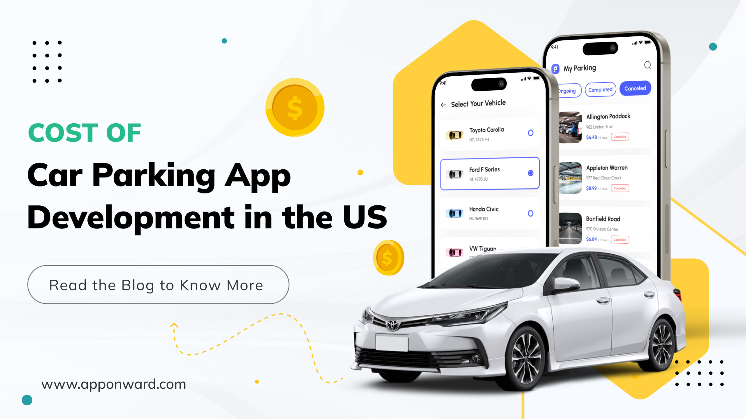 In this image it shows a heading "Cost of car parking app Development in US" and on the right side it has a car and two mobile screens.